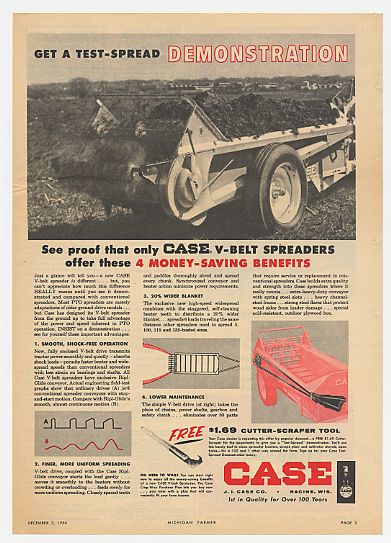 1960 Case V-Belt Spreader Money-Saving Benefits Ad