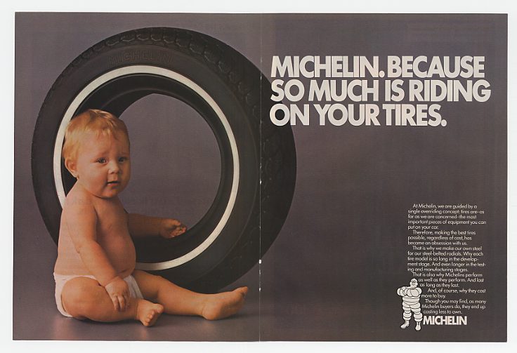 1985 Michelin Baby So Much Riding on Your Tires Dbl Ad