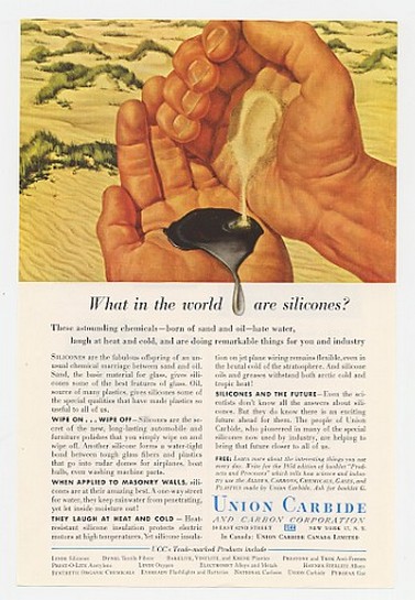 1954 Union Carbide Silicones Sand & Oil Hands Ad
