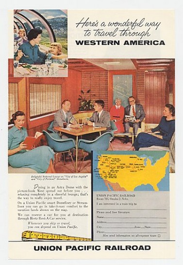 1958 Union Pacific Railroad Train Redwood Lounge Ad