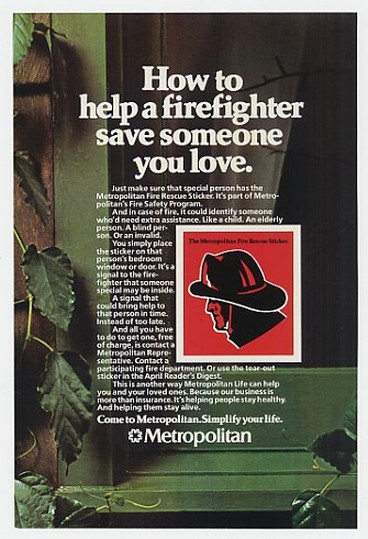 1979 Metropolitan Life Insurance Fire Rescue Sticker Ad